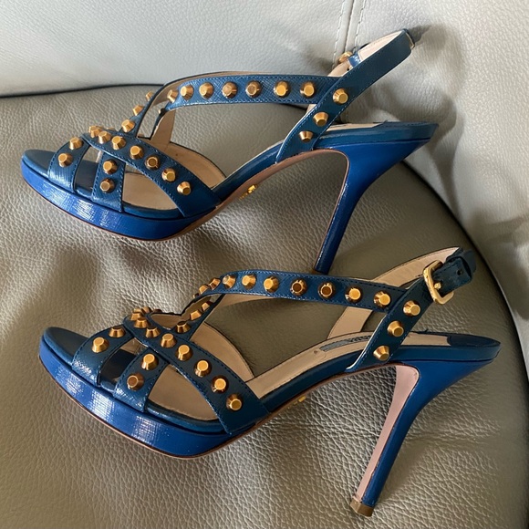 Prada Blue Leather Studded Slingback Sandals Sz 37.5, 7.5 - Picture 9 of 11